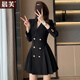 晨芙職業(yè)西裝連衣裙女時(shí)尚高腰雙排扣小個(gè)子氣質(zhì)女神范百褶裙通勤工裝 黑色 S 建議80-90斤