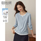 熙世界（sllsky）假兩件正肩長(cháng)袖t恤女春季2025年新款撞色圓領(lǐng)體恤上衣 海水藍 L