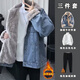 安初夏羊羔絨加厚加絨牛仔夾克外套男士休閑套裝冬季翻領(lǐng)保暖衣服男裝 加絨藍(lán)色外套+白毛衣+加絨黑西褲 XL