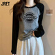 Jret春秋季薄款內(nèi)搭打底衫女學(xué)生插肩袖上衣ins美式復(fù)古修身長(zhǎng)袖T恤女 灰色+黑BROOK印花 XL 建議115-130斤