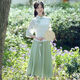 欣瀟新中式漢元素禪意茶服旗袍兩件套改良漢服女文藝國(guó)風(fēng)仙氣上衣套裝 白色上衣+綠色裙子[兩件套] XL 建議110-120斤