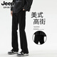 JEEP SPIRIT牛仔褲男士春夏新款美式潮牌黑色彎刀褲子男高街修身微喇直筒長(cháng)褲 D021黑色 L