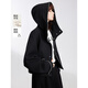 ELLE黑色綿羊毛撞色連帽短外套女2026春季新款新年寬松休閑通勤風(fēng)上衣 黑色 M