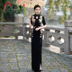 江韻南高端走秀旗袍2025新款長(zhǎng)款修身黑色高彈七彩亮片禮儀表演服 黑色 XL