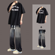 卡度頓夏季休閑兩件套學(xué)生一整套短袖t恤痞帥氣搭配牛仔褲ins韓版男套裝 L234黑色+漸變黑牛仔褲 L