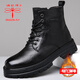 蜻蜓牌馬丁靴男秋冬季真皮復古高幫皮鞋工裝靴子男厚底皮靴保暖機車(chē)靴男 黑色馬丁靴-加絨 42