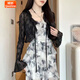 婍妡（Qeeshine）2025新款開衫不規(guī)則水墨蝴蝶吊帶裙設(shè)計(jì)碎花吊帶裙連衣裙套裝 單件開衫黑(優(yōu)質(zhì)版) S