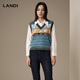 LANDI復(fù)古英倫學(xué)院風(fēng)V領(lǐng)幾何提花羊毛針織衫女無(wú)袖上衣冬新品 孔雀藍(lán) M