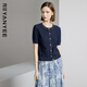 顏域黑色圓領(lǐng)針織衫女2024夏裝通勤簡(jiǎn)約百搭細閃短袖上衣 深藍 L/40