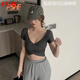 FSHE2025春夏季新款短袖t恤女韓版v領(lǐng)性感露背短袖t恤女短款高腰u緊身 深灰色 深灰短袖前后可穿0--07 L （101-113斤