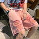 衣然呈品粉色破洞牛仔褲短褲男夏季美式多巴胺穿搭寬松休閑百搭五分褲子男 粉色 L 【建議105-125斤】
