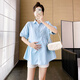 親智孕婦上衣夏天上班孕婦裝時(shí)尚polo領(lǐng)短袖職業(yè)裝襯衫夏季大碼襯衣 藍衣+白褲 XL