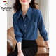 啄木鳥(niǎo)牛仔襯衫女長(cháng)袖外套春秋2024寬松新款復古上衣設計感小眾襯衣 復古藍 M 建議95-110斤左右