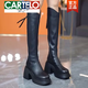 卡帝樂鱷魚（CARTELO）品牌真皮厚底粗跟長筒靴2023年秋冬新款高跟氣質(zhì)不過膝長靴騎士靴 黑色 37