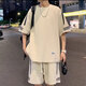 宗獅猴短袖T恤男士休閑套裝男韓版潮流寬松潮男五分半袖一套衣服男青少 F41卡其色套裝（上衣+褲子） 2XL【建議140-150斤】