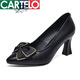 卡帝樂(lè )鱷魚(yú)（CARTELO）高跟鞋女2025春秋季尖頭淺口真皮軟底女鞋春秋媽媽蝴蝶結皮鞋 黑色-7公分 39