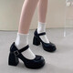 巧丂女鞋復古瑪麗珍鞋女氣質(zhì)小皮鞋高跟鞋女粗跟單鞋法式厚底增高鞋女 氣質(zhì)粗跟小皮鞋黑色【37碼】