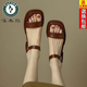 啄木鳥(niǎo)25夏新款舒適軟底平底低跟復(fù)古時(shí)尚百搭一字帶露趾涼鞋女大碼 深棕色 41