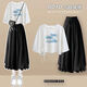 喜詩(shī)萊（CESLAY）夏季女裝套裝韓版休閑裙褲短袖T恤韓版學(xué)院風(fēng)高腰設計氣質(zhì)兩件套 藍天T恤+黑褲裙 836# L 建議110-125斤