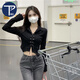 PMOG2025新款設計感綁帶修身顯瘦純欲風(fēng)polo衫上衣短款辣妹長(cháng)袖t恤女 黑色 L
