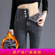 媚哥高腰牛仔褲女秋冬韓版修身彈力顯瘦緊身小腳鉛筆褲加厚加絨牛仔褲 灰色款【加絨】 27碼