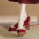 劉潮布鞋結婚紅色結婚鞋新娘花朵絕美秀禾服婚紗兩穿圓頭粗跟鞋女2024新 酒紅色 35