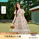茵曼萊賽爾甜美碎花V領(lǐng)連衣裙2025夏季女裝寬松短袖裙子 水墨紅花  S
