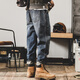 潮與共美式重磅復古工裝褲子男秋季牛仔褲男寬松直筒春秋潮牌休閑長(cháng)褲男 藍色 30 適合120-130斤