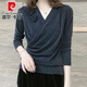 皮爾卡丹（pierre cardin）秋季新品V*領(lǐng)洋氣時(shí)尚百搭氣質(zhì)減齡打底衫女士亮絲長(zhǎng)*袖顯瘦t恤上 黑色 6XL 150-165斤