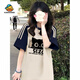 G.DUCKKIDS2025新款美式復(fù)古插肩短袖恤女大童夏季初中高中學(xué)生寬松半袖上衣 266-藏青拼杏【夏天上衣/大碼/正 175 L