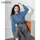 LAGOGO小馬刺繡牛仔襯衫女拉谷谷春秋新款元氣疊穿外套顯瘦上衣 深牛仔藍(N2) L