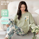 新一步（XINYIBU）純棉睡衣女春夏圓領(lǐng)套頭長(cháng)袖印花7A抑菌防螨舒適可外穿家居服套裝 33670-冰荷綠 L