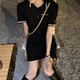 冠軍涂鴉連衣裙夏季女裝2025新款polo領(lǐng)純棉裙子短袖包臀修身顯瘦潮 黑色刺繡款 XL 120-140斤