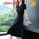 larren fitty 氣質(zhì)連衣裙女v領(lǐng)春秋新款小個子收腰顯瘦中長款過膝赫本小黑裙潮 黑色 短袖 L