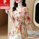皮爾卡丹（pierre cardin）氣質(zhì)碎花雪紡襯衫女2024夏新款短袖中長(zhǎng)大I碼顯瘦小衫時(shí)尚遮肚上 杏色印花 3XL 140-155斤