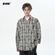 BJHG不計后果春季復古美拉德條紋衫男潮水洗印花棉襯衫休閑情侶外套女 藍灰格紋 L