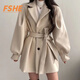 FSHE黑色毛呢外套女秋冬裝2025新款潮中長款韓版西裝領小個子呢子大衣 杏色 L 建議105-115斤