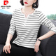 皮爾卡丹（pierre cardin）23年新款長(cháng)袖打底衫女春秋季新款體恤女士v領(lǐng)紐扣t恤女裝條紋小衫 2096白色 2XL 建議130-145斤穿