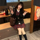 正版jk制服西服套裝日系學(xué)院風(fēng)校供感全套秋冬黑色學(xué)生外套女西裝 四件套：西裝+白長(cháng)袖+玄紅裙+領(lǐng) M 【90-100斤】