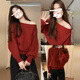 DXOT一字肩紅色針織毛衣女2025新款元旦穿搭獨特新年秋冬季露肩設計款 紅色 M 建議90-100斤