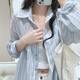 瞬婭（shunya）高端潮牌條紋防曬襯衫女夏季新款棉麻寬松慵懶長袖上衣薄款外套 藍(lán)色豎條紋左前袋長袖 M（116-130）斤