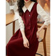 熙世界千金風(fēng)假兩件連衣裙女秋冬款高級感磨絨收腰紅色裙子 酒紅色 2XL