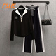 FSHE2025秋季大碼胖妹妹遮肚顯瘦polo領(lǐng)減齡長(cháng)袖上衣休閑褲時(shí)尚套裝女 黑色搭配 2XL 建議140到160