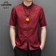 老爺車(chē)中山裝男士短袖襯衫夏季中老年唐裝襯衣爸爸婚宴裝結婚禮服喜公公 紅色 185
