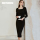 ROEYSHOUSE羅衣復古懷舊方領(lǐng)小黑裙女春裝新款優(yōu)雅簡(jiǎn)約修身連衣裙09710 黑色 M