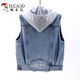 啄木鳥(niǎo)2026春秋新款牛仔馬甲女短款連帽大口袋無(wú)袖夾克百搭修身上衣開(kāi)衫 淺藍色 XL 約110-120斤