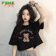 FSHE棉短袖T恤女夏季2025新款復(fù)古印花短款小個(gè)子甜辣黑色體恤上衣 黑色[131]HONEY_熊 L _建議[100-115斤]