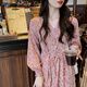 妤遇（YUUZYUUS）碎花長袖連衣裙女2024新款雪紡休閑韓版法式小眾設(shè)計感v領(lǐng)中長裙 粉色 M