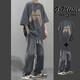 曙影（SHUYING）短袖t恤男夏季潮牌寬松痞帥兩件套學(xué)生衣服男青少年ins穿搭一整套 深灰短袖+漸變牛仔灰褲 XL