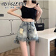 Ady Glenna破洞毛邊牛仔短褲女天高腰a字型流蘇胖妹妹短褲直筒寬松熱褲子 藍色 M